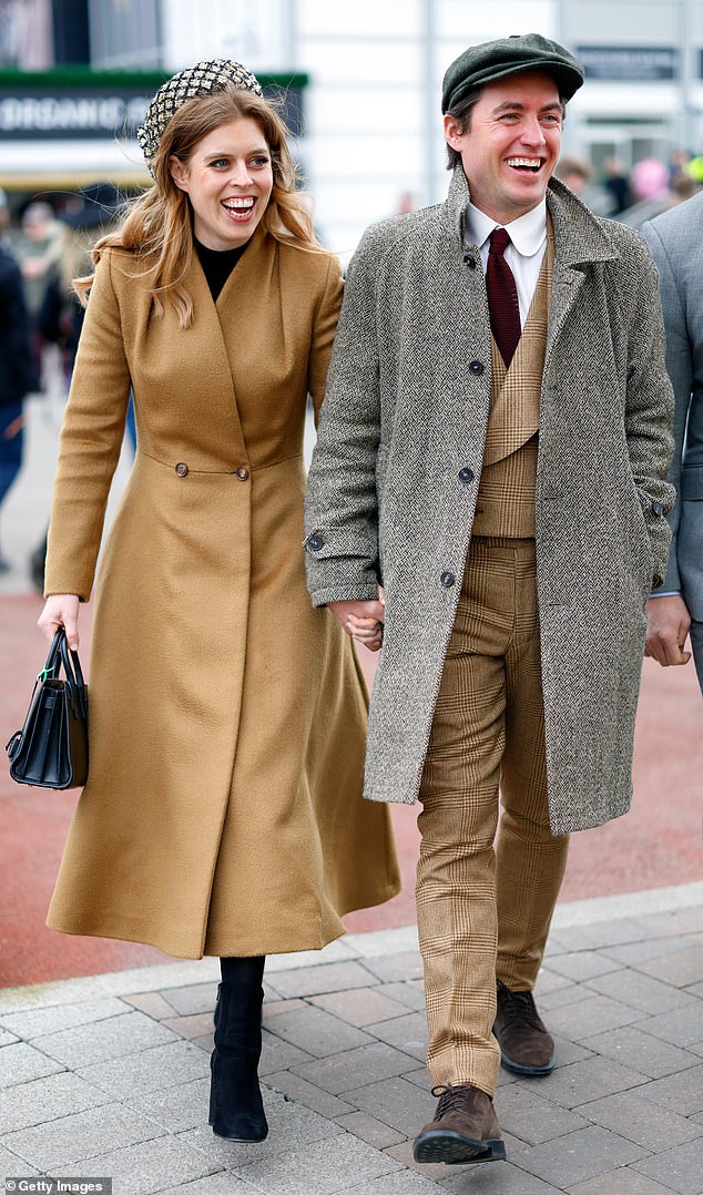 Cool in camel, Princess Beatrice and Edo paired in chic neutral tones at Cheltenham Racecourse earlier this year