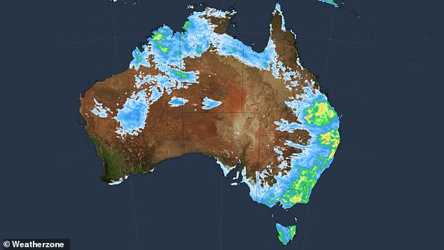 The storms are likely to become severe in northeastern NSW and southeastern Queensland late on Wednesday. The areas in green and yellow are in the line of fire