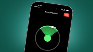 An iPhone on a green background with the Emergency SOS function via satellite