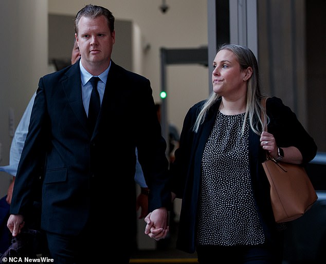 Senior Constable Kristian James Samuel White arrived at court today with his wife (pictured)