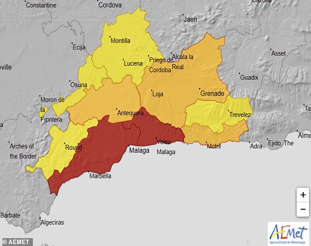 Yellow, orange and red warnings were issued in the areas around Malaga and Marbella