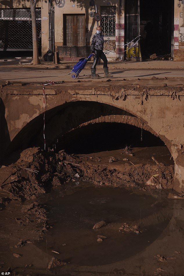 A man pulls a shopping cart over a bridge after floods in Catarroja left hundreds dead or missing in Spain's Valencia region, Tuesday, November 12, 2024