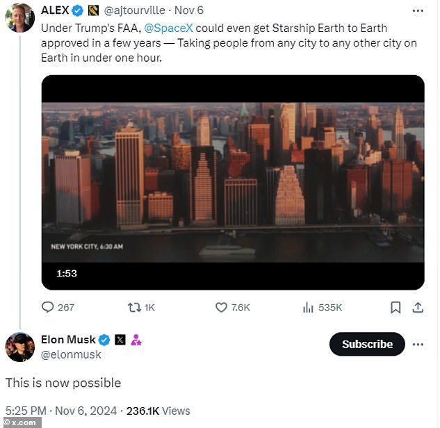 In response to a fellow X user touting the Starship 'Earth to Earth' project, Musk simply said: 'This is now possible'