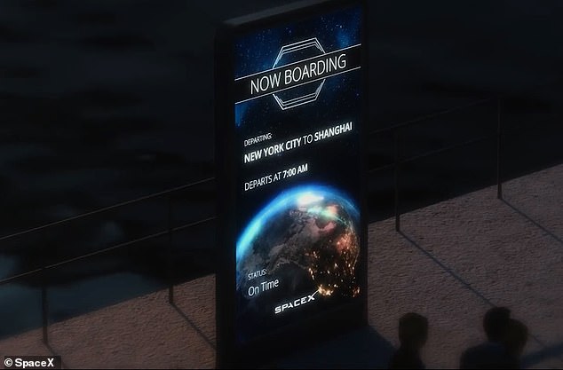 As passengers board a boat at a spaceport at sea, a digital departure board reads: “On board now, from New York City to Shanghai.”