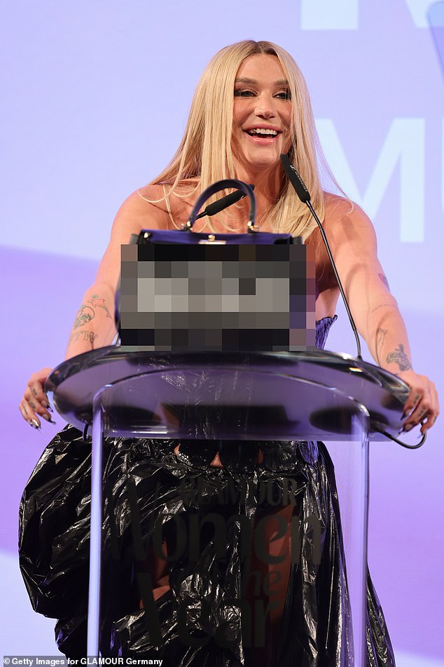 As well as the bizarre accessories, there was a large bag with the word 'b***h' on the front, which the star bought with her on stage to accept her Music Icon award.