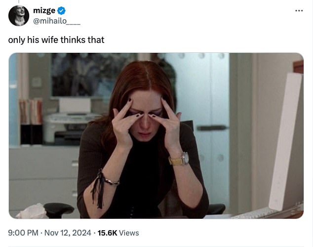 Another commenter shared a photo of John's wife Emily Blunt crying in a still from the film The Devil Wears Prada, writing: 'only his wife thinks that'