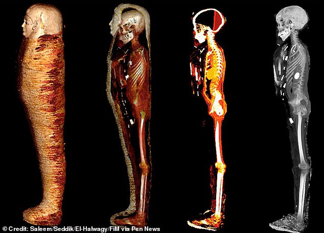 The scans show how amulets were placed around his person with different intentions. One in his mouth was meant to ensure he could talk in the afterlife, another next to his penis was meant to protect the embalming incision