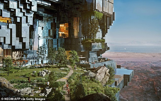 Pictured: Concept images show an imaginary sky garden overlooking the Saudi desert