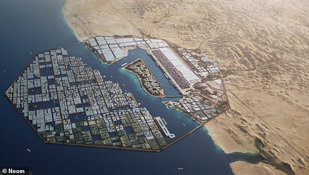 Pictured: NEOM's 'Oxagon', a futuristic port city, is seen in concept images