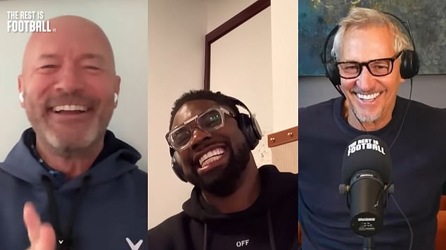 However, the 63-year-old will continue to present The Rest is Football podcast with Alan Shearer (left) and Micah Richards (centre), which the BBC will now offer on their own Sounds app