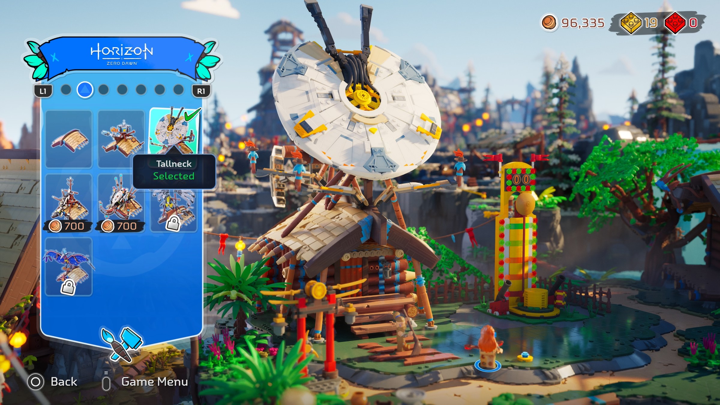 A menu shows customization options for the Tallneck building in Lego Horizon Adventures