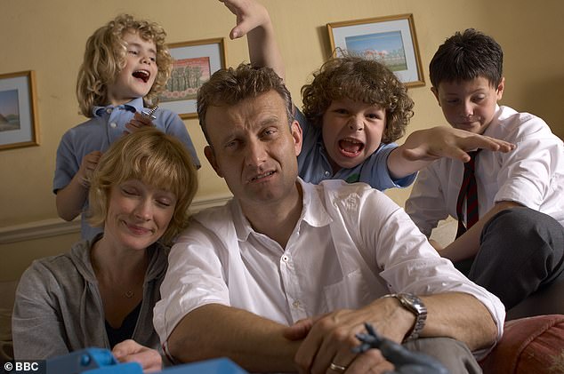 Hugh Dennis, Claire Skinner, Tyger Drew-Honey, Daniel Roche and Ramona Marquez are reunited for the charity special airing Friday, eight years after the comedy series ended; pictured 2007