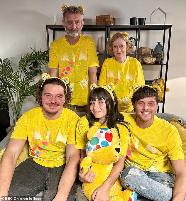 The stars all beamed while wearing Pudsey Bear T-shirts and ears as they posed for photos ahead of the sketch, which was written and directed by the original writers, airing