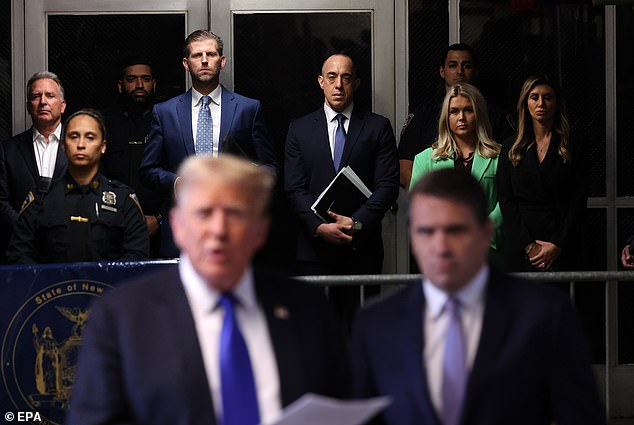 Leavitt, seen here second from the right next to lawyer Alina Habba, was a well-known presence in the New York courtroom where Trump was tried earlier this year