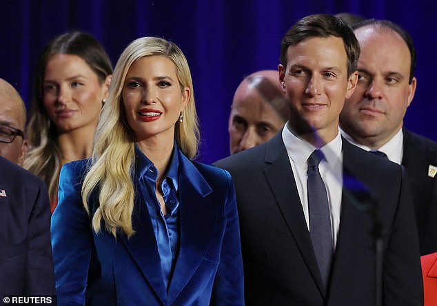 Jared Kushner and his wife Ivanka watch as Republican presidential candidate Trump speaks