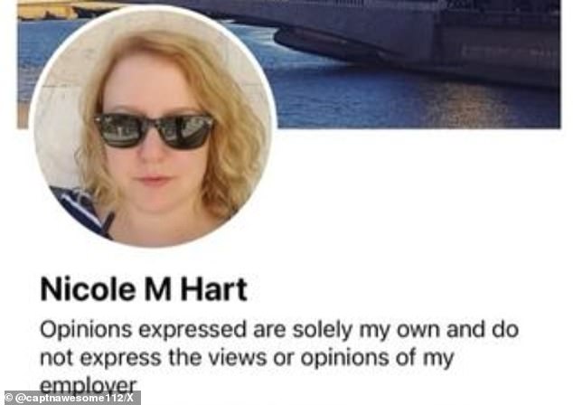 The above screenshot of a tweet posted by X user @captnawesome112 appears to show a social media profile of Nicole M Hart