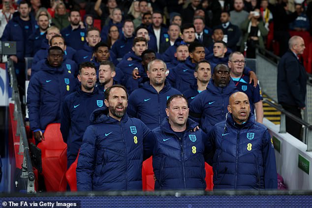 The changing of the guard from Gareth Southgate (front left) to Tuchel has become a humiliating farce