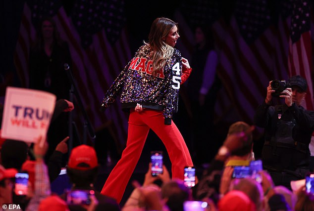 Habba wearing a sparkly MAGA jacket at the Madison Square Garden rally on October 27, 2024