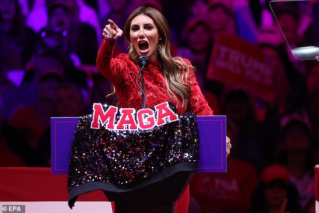 Habba is known as the attack dog of Trump's campaign and quickly became his most outspoken defender. Pictured: Habba drapes her MAGA jacket over the stage at Madison Square Garden