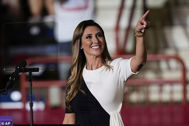 Alina Habba gestures to the crowd as she is introduced during a campaign event for Republican presidential candidate, former President Donald Trump, in Harrisburg, Pennsylvania, Wednesday, July 31, 2024