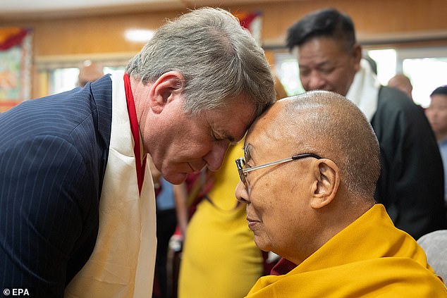 McCaul during a meeting with the Dalai Lama (R) at his residence in Dharamsala, Himachal Pradesh state, India, in June 2024