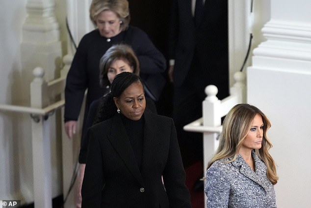 The last time Jill Biden and Melania Trump reportedly saw each other was at Rosalynn Carter's funeral in November last year - Melania Trump, Michelle Obama, Laura Bush and Hillary Clinton are seen at the funeral