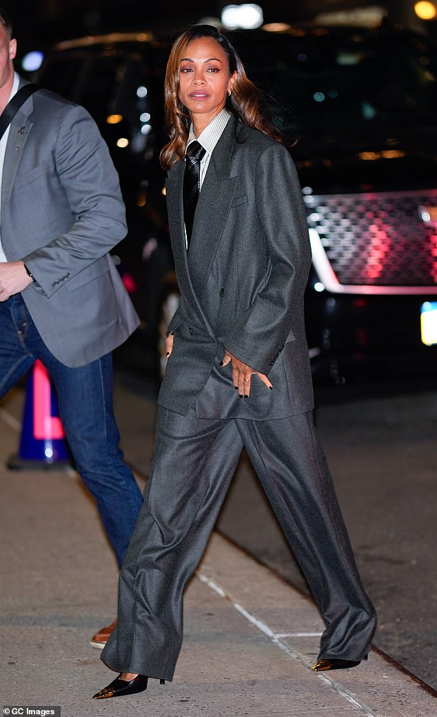 Saldana showed off a short and glossy black manicure while heading to the Late Show with Stephen Colbert