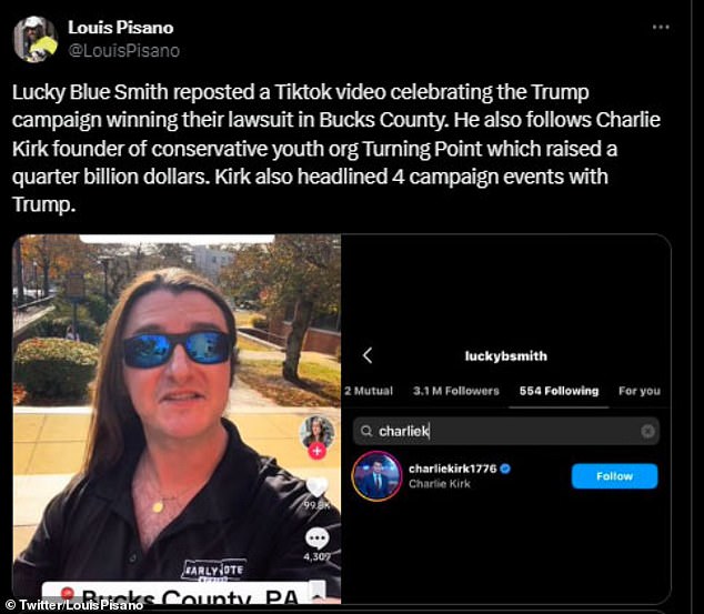 They pointed to screenshots showing Lucky sharing a celebratory election post from conservative American activist Scott Presler on his TikTok page and apparently following conservative pundit Charlie Kirk.