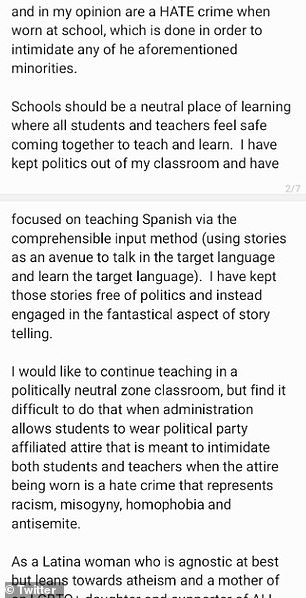 She argued in her letter that it is unfair that students are allowed to wear political clothing, but teachers are not