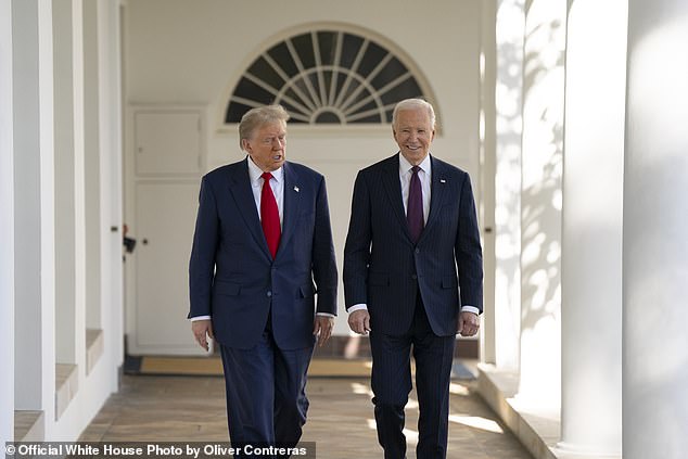 President Joe Biden walks with newly elected President Donald Trump through the colonnade from the White House to the Oval Office