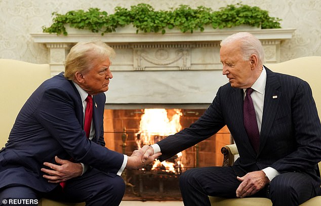 President Joe Biden shakes hands with President-elect Donald Trump in the Oval Office