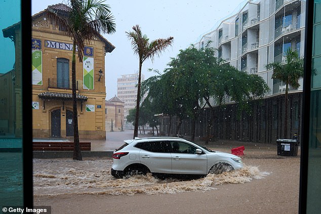 A general view during a heavy rain shower near the El Perchel district on November 13, 2024 in Malaga