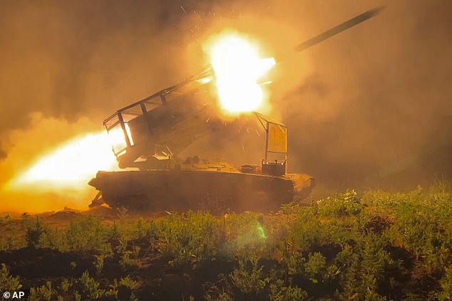 November 13, 2024: The Russian Army's Solntsepyok multiple rocket launcher fires on Ukrainian positions in the border area of ​​the Kursk region, Russia