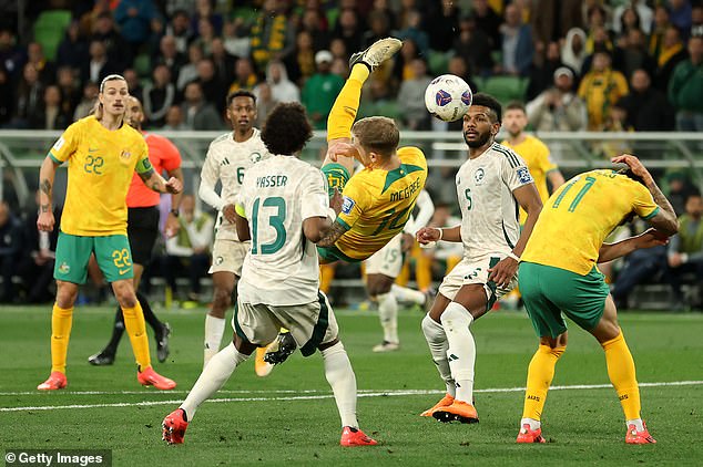 Riley McGree (third from left) scored a sensational bicycle kick but cut an anguished figure as his side struggled to find the back of the net