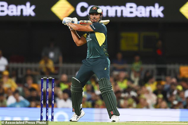 Marcus Stoinis bats during the T20 cricket international between Pakistan and Australia at the Gabba in Brisbane, Australia, Thursday, November 14, 2024. (AP Photo/Tertius Pickard)