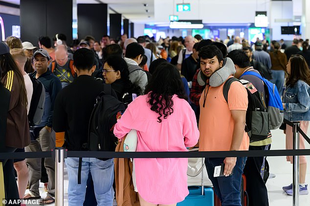 Flights to and from Bali were thrown into chaos earlier this week due to ash clouds from Mount Lewotobi Laki-Laki. Passengers at Sydney International Airport are pictured