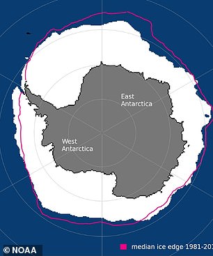 Pictured: Antarctic sea ice extent in October 2024 - less than the 1981-2010 average (pink line)