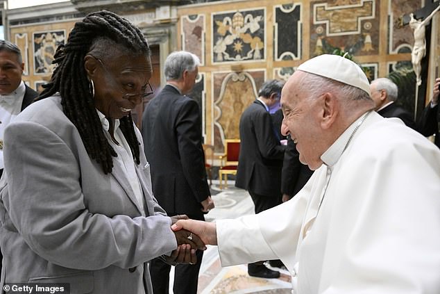 Viewers rejected Goldberg's attempt to portray poverty as they pointed to her fortune built over decades in show business, pictured with Pope Francis in June 2024