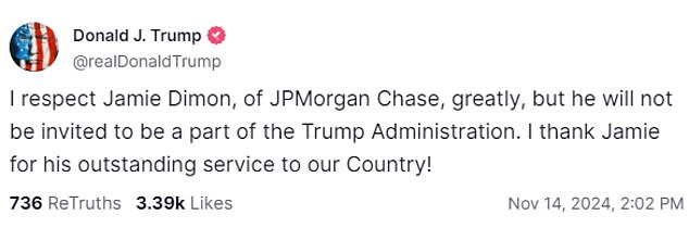 President-elect Donald Trump told Truth Social on Thursday afternoon that JPMorgan Chase CEO Jamie Dimon would not be 