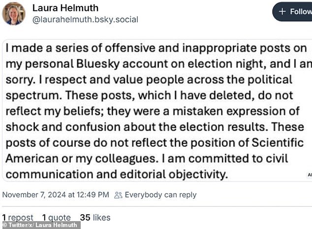 Helmuth apologizes profusely for her 'offensive and inappropriate messages'