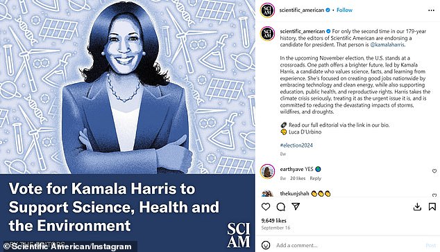 Scientific American endorsed Kamala Harris for president in September, asking readers to vote for the Democrat 'in support of science, health and the environment'