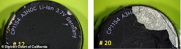 The lawsuit also included photos of the defective batteries sold 15 months apart. The defective battery example (pictured left) was sold before the recall in 2019, while the example on the right (pictured) was sold in 2021