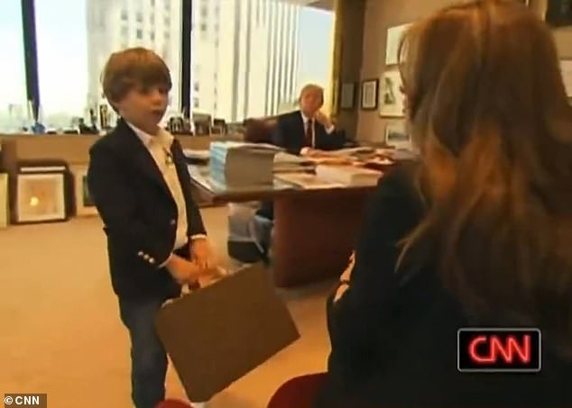 A lot has changed for the two since then, as Donald has won the presidency twice and Barron is now attending NYU business school. In this grip he is seen leaving Donald's office with a small briefcase in hand