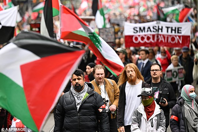 Protesters march during a pro-Palestinian rally in Melbourne in October