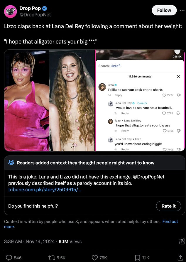 A follow-up post showed Lizzo mocking Lana Del Rey's new husband, but a community note about