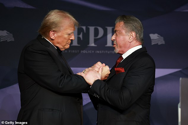 The president-elect and the Demolition Man star then hugged and shook hands before Trump's speech