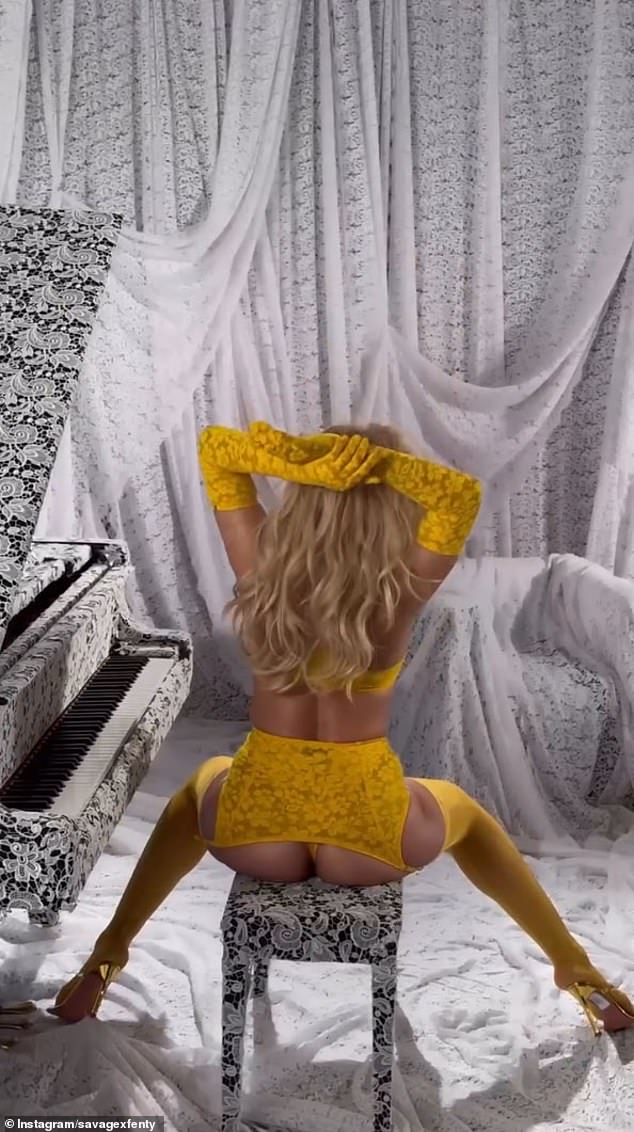 The clip, which was uploaded to Instagram on Thursday, showed the 36-year-old singer flaunting her curves in a yellow lace lingerie set from the brand's Lavish Lace collection.