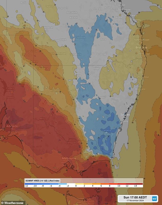 Meteorologist Ashleigh Madden explained that unstable atmospheric conditions (forecast highlighted in blue and white) caused by the front combining with moist air is expected to produce large thunderstorms