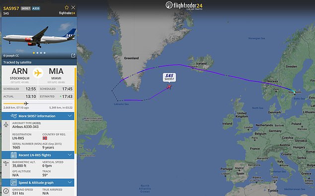 The Scandinavian Airlines flight took off from Stockholm at 12:55 p.m. and was scheduled to land in Miami at 5:45 p.m. local time, but decided to return to Europe when it reached the east coast of the US.