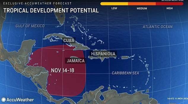 The storm will increase its wind speed as it enters the Gulf of Mexico between November 14 and 18